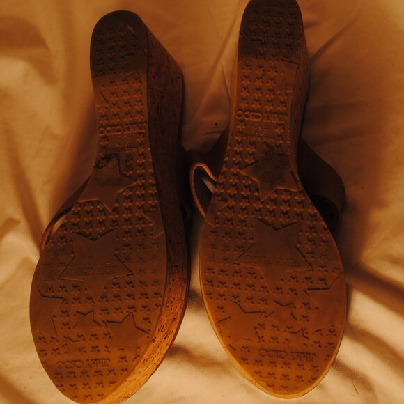 JIMMY CHOO WOMENS SZ 9 1/2 BROWN PLATFORM CORK SANDLE WEDGES - Picture 3 of 11